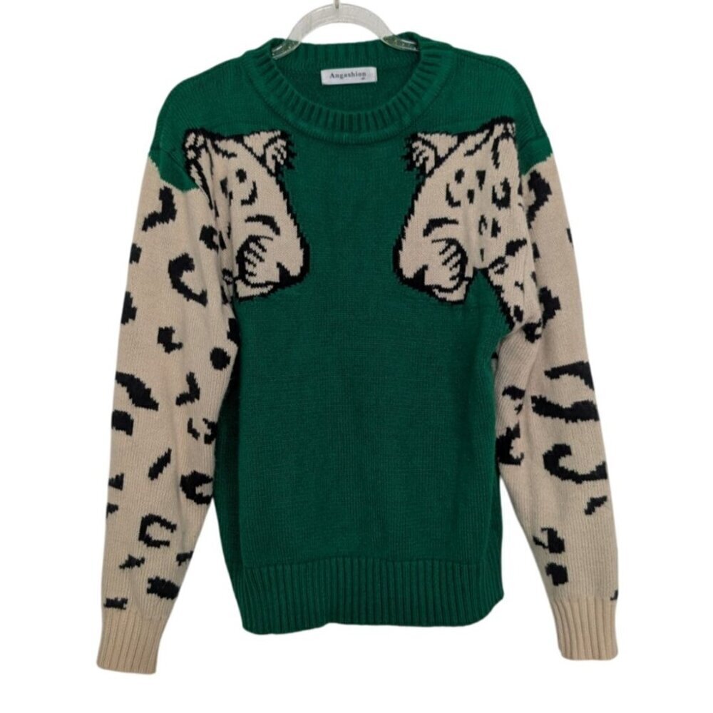 Angashion Snow Leopard Sweater Womens Size Medium Green Artsy Animal Print Knit